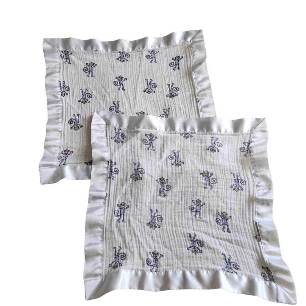 Aden + Anais Security Blanket Set 2 Blue Monkey Muslin Satin Trim White Blue